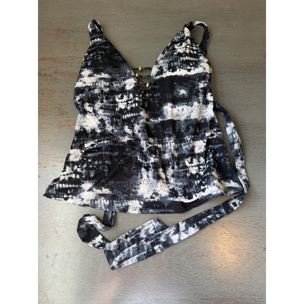 Lucky Brand Tie Dye Tankini Swim Top Black White Gold Hardware Medium
